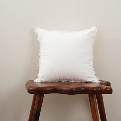 Soft Cozy Boho Linen Fringed Throw Pillow Cover, Beige 18x18 Inches