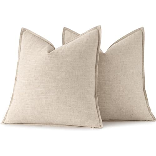 Natural Beige Linen 18x18 Inch Pillow Covers for Farmhouse Decor - Set of 2