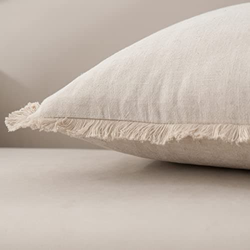 Soft Cozy Boho Linen Fringed Throw Pillow Cover, Beige 18x18 Inches