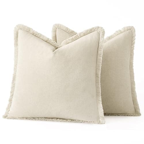 MIULEE Set of 2 18x18 Inch Beige Linen Throw Pillow Covers with Fringe – Farmhouse Boho Style for Living Room