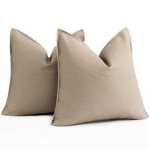 2-Pack Modern Farmhouse Decorative Throw Pillow Covers 22x22 Inch Taupe - Neutral Cotton Linen Accent Pillowcase for Living Room