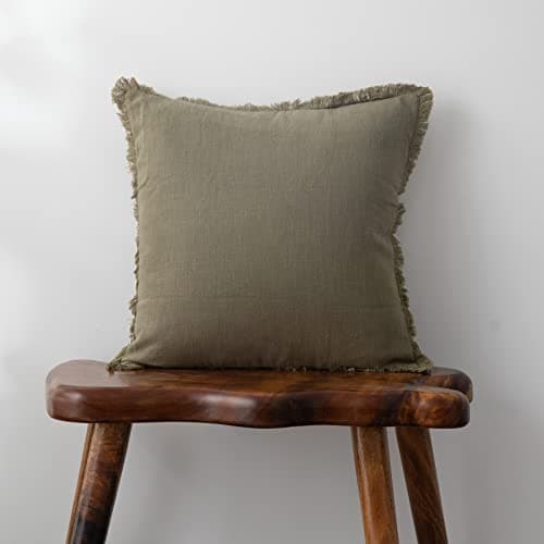 Soft Cozy Boho Linen Fringed Throw Pillow Cover, Beige 18x18 Inches