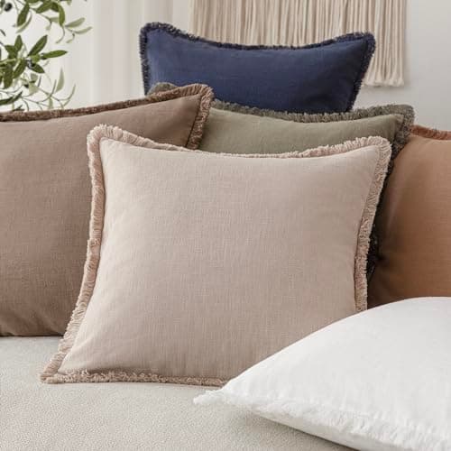 Foindtower Set of 2 Boho Decorative Linen Pillow Covers with Tassels - 18x18 Inch Tan Beige for Couch, Chair, and Sofa Decor