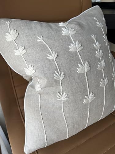 VAGMINE Hand Embroidered Daisy Accent Pillow Cover - 18x18 Inches - 100% Linen Decor - Boho Floral Couch Cushion
