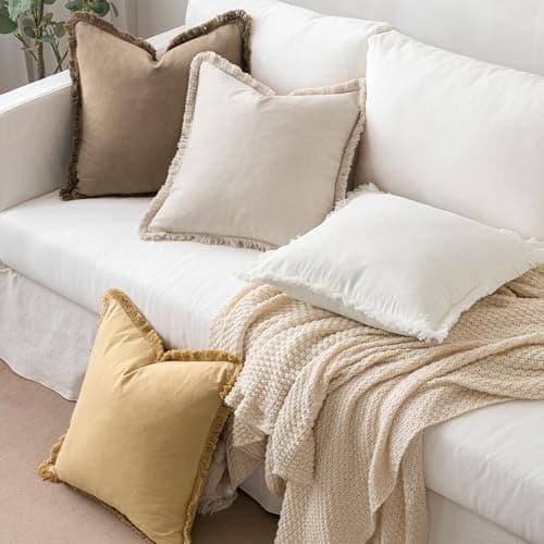 MIULEE Beige Fringe Throw Pillow Covers Set of 2 - Chic Cotton Square Cushion Covers for Farmhouse Boho Decor