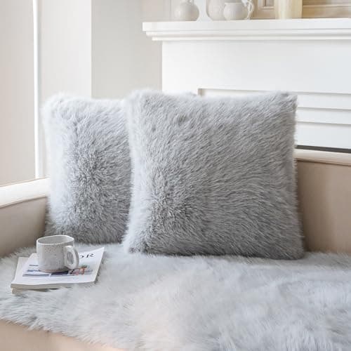 Blue Faux Fur Decorative Throw Pillow Covers for Sofa - Set of 2