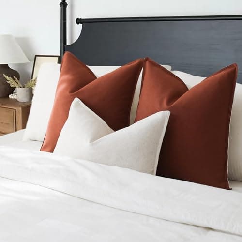 Set of 2 Rust Red Decorative Cotton Linen Pillow Covers, 22×22 Inch - Modern Farmhouse Accent for Couch, Sofa, and Bed