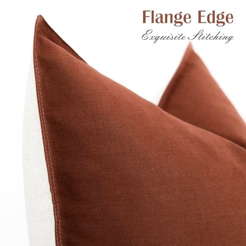 Set of 2 Rust Red Decorative Cotton Linen Pillow Covers, 22×22 Inch - Modern Farmhouse Accent for Couch, Sofa, and Bed