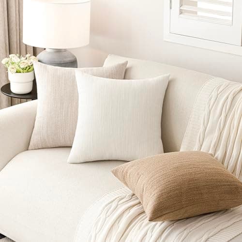 Textured Burlap Linen Throw Pillow Covers for Farmhouse Decor - Set of 2, Cream White, 24x24 Inch