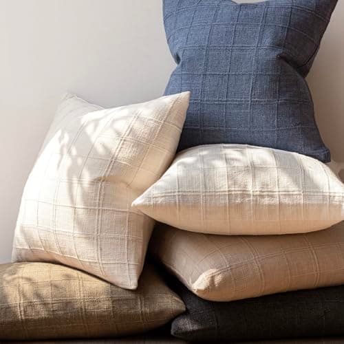 Neutral Farmhouse Check Throw Pillow Covers for Home Decor, Set of 2 - 20x20 Inch
