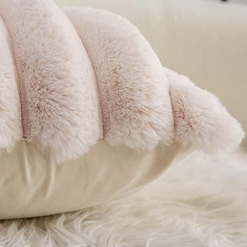 Soft Beige Faux Fur Striped Throw Pillow Covers - Set of 2 (18x18 inch)