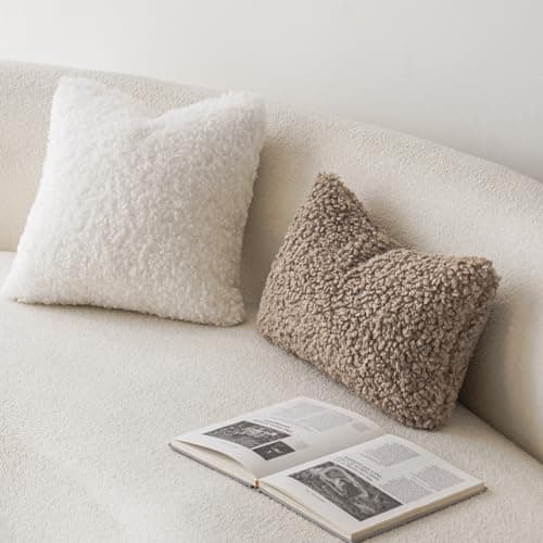 Set of 2 Curly Teddy Wool Pillow Covers for Sofa Bedroom Car - 12x20 Khaki
