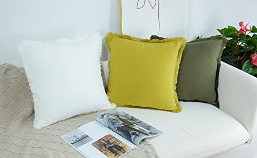 Green Linen Pillow Cover with Tassel Trim - Set of 2
