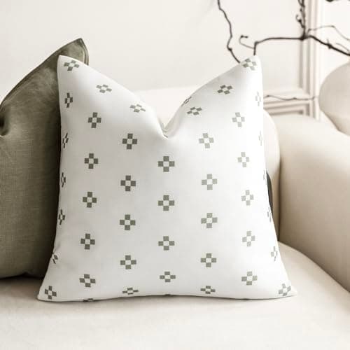 Modern Farmhouse Pillow Covers Set of 2 White/Light Green Accent Cushion Case 20x20 Inch