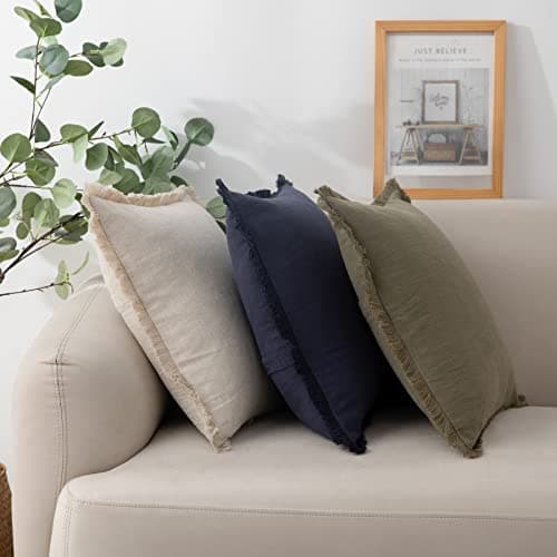 Soft Cozy Boho Linen Fringed Throw Pillow Cover, Beige 18x18 Inches