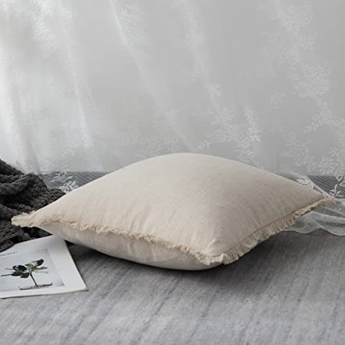 Soft Cozy Boho Linen Fringed Throw Pillow Cover, Beige 18x18 Inches