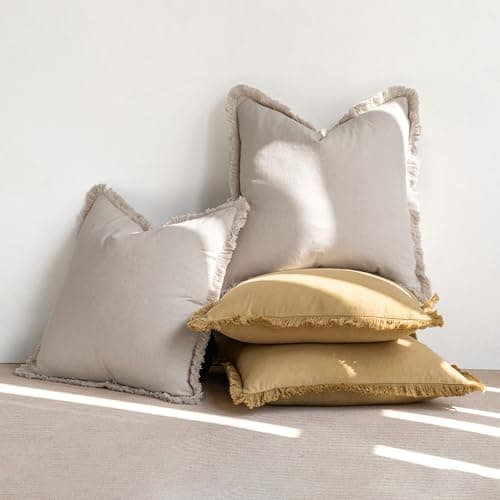 MIULEE Beige Fringe Throw Pillow Covers Set of 2 - Chic Cotton Square Cushion Covers for Farmhouse Boho Decor