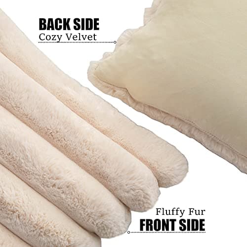 Soft Beige Faux Fur Striped Throw Pillow Covers - Set of 2 (18x18 inch)