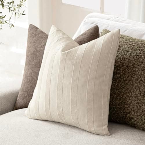 Foindtower Set of 2 Striped Chenille Throw Pillow Covers - Soft 24x24 Inch Luxury Accents for Bedroom, Couch, and Living Room Home Decor in Natural Ivory