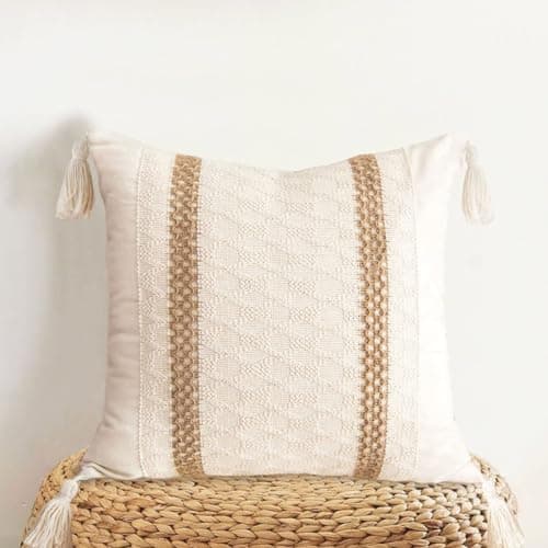 Farmhouse Throw Pillow Cover with Tassels - Boho Neutral Accent for Couch Sofa