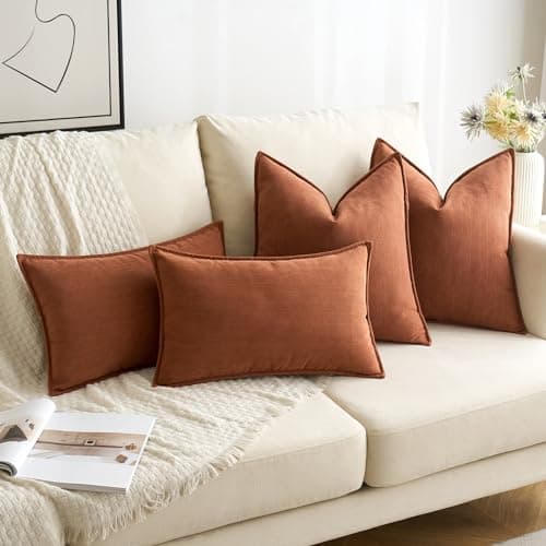 Pack of 2 Burnt Orange Chenille Decorative Pillow Covers 20x20 Inch for Farmhouse Style Home Decor