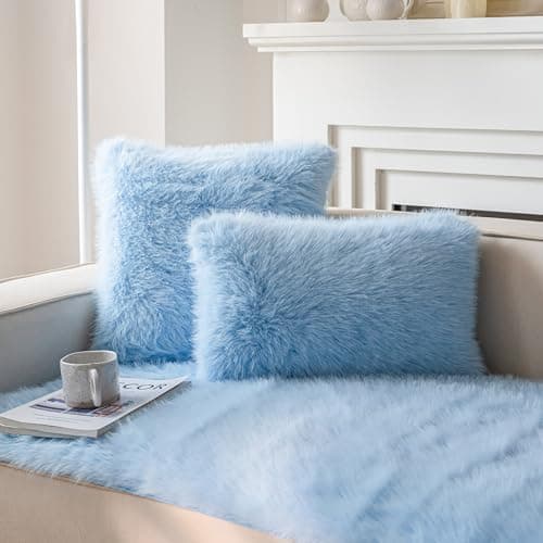 Blue Faux Fur Decorative Throw Pillow Covers for Sofa - Set of 2
