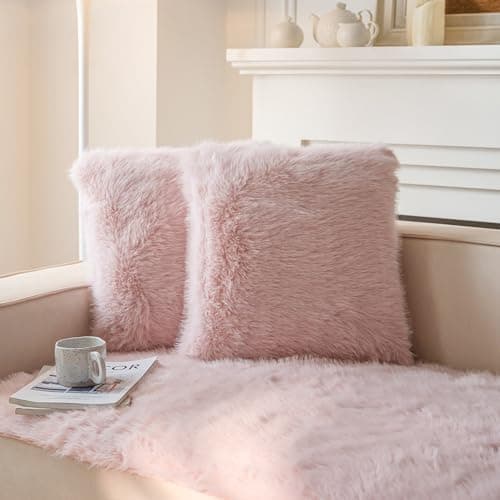Blue Faux Fur Decorative Throw Pillow Covers for Sofa - Set of 2