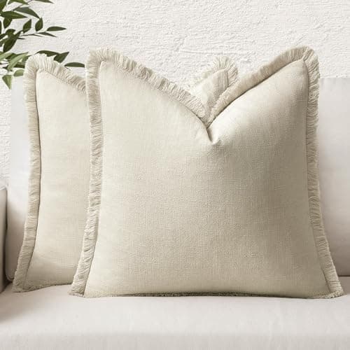 MIULEE Set of 2 18x18 Inch Beige Linen Throw Pillow Covers with Fringe – Farmhouse Boho Style for Living Room
