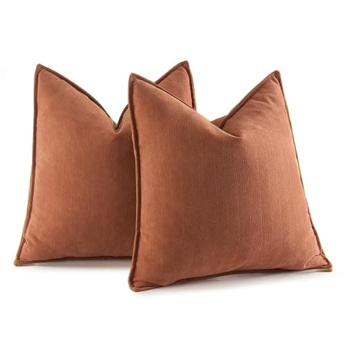 Pack of 2 Burnt Orange Chenille Decorative Pillow Covers 20x20 Inch for Farmhouse Style Home Decor