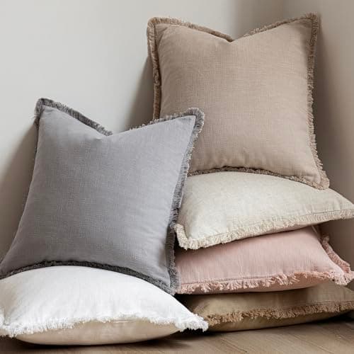 Foindtower Set of 2 Boho Decorative Linen Pillow Covers with Tassels - 18x18 Inch Tan Beige for Couch, Chair, and Sofa Decor