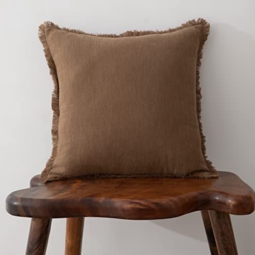 Soft Cozy Boho Linen Fringed Throw Pillow Cover, Beige 18x18 Inches