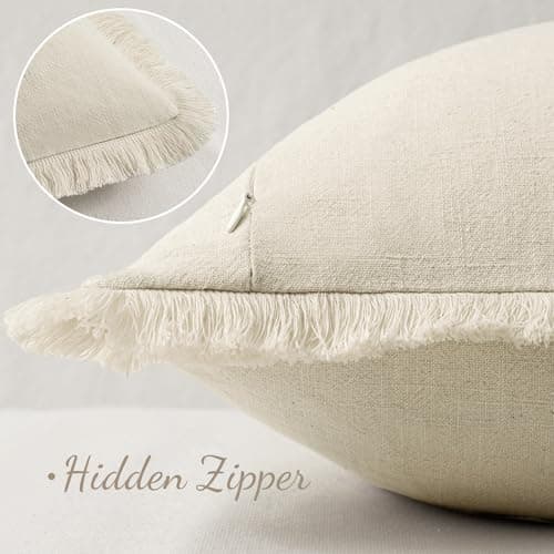 MIULEE Set of 2 18x18 Inch Beige Linen Throw Pillow Covers with Fringe – Farmhouse Boho Style for Living Room