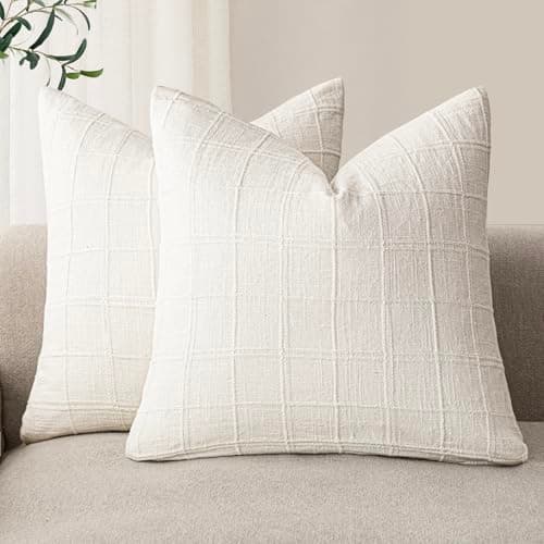 Neutral Farmhouse Check Throw Pillow Covers for Home Decor, Set of 2 - 20x20 Inch