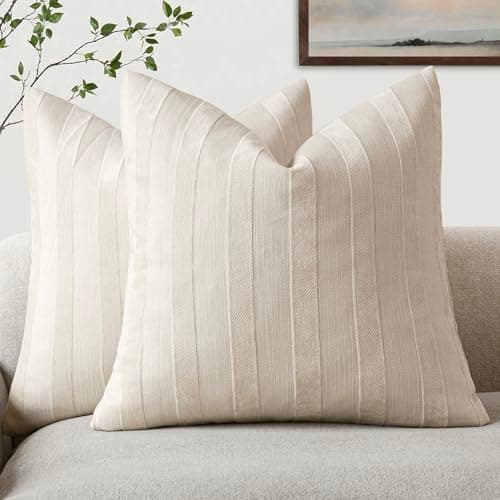 Foindtower Set of 2 Striped Chenille Throw Pillow Covers - Soft 24x24 Inch Luxury Accents for Bedroom, Couch, and Living Room Home Decor in Natural Ivory