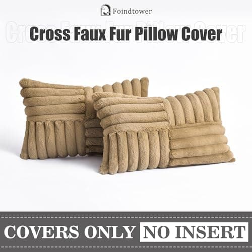 Faux Fur Striped Pillow Covers Set of 2 for Home Decor 12x20 Inch Khaki