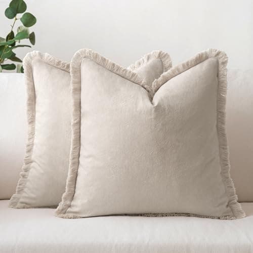 MIULEE Beige Fringe Throw Pillow Covers Set of 2 - Chic Cotton Square Cushion Covers for Farmhouse Boho Decor