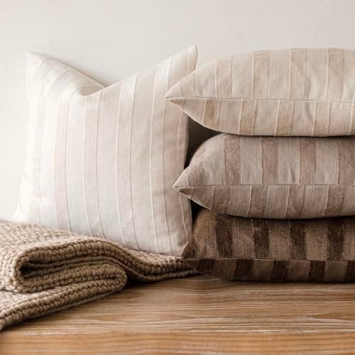 Foindtower Set of 2 Striped Chenille Throw Pillow Covers - Soft 24x24 Inch Luxury Accents for Bedroom, Couch, and Living Room Home Decor in Natural Ivory