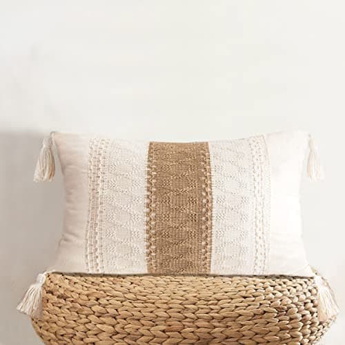 Farmhouse Throw Pillow Cover with Tassels - Boho Neutral Accent for Couch Sofa
