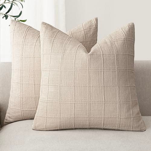 Set of 2 Decorative Linen Pillow Covers for Farmhouse and Boho Home Decor, 18×18 Inch