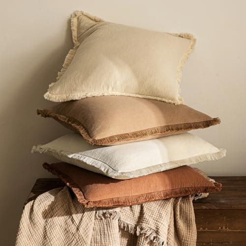 MIULEE Set of 2 18x18 Inch Beige Linen Throw Pillow Covers with Fringe – Farmhouse Boho Style for Living Room