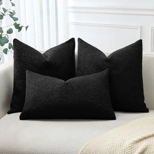 Set of 2 Black Boucle Throw Pillow Covers 22x22 Inch for Farmhouse Decor