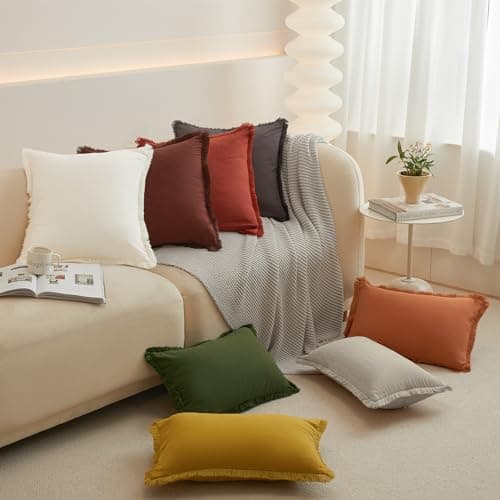 Soft Cozy Boho Linen Fringe Throw Pillow Covers for Living Room Couch