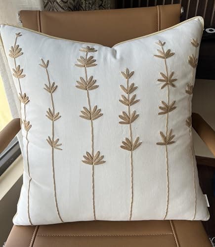 VAGMINE Hand Embroidered Daisy Accent Pillow Cover - 18x18 Inches - 100% Linen Decor - Boho Floral Couch Cushion