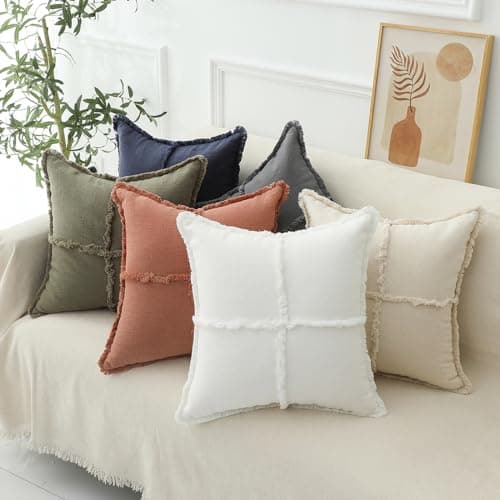 Hckot Boho Farmhouse Throw Pillow Covers, Fringed Tassels, Cozy White Home Decor