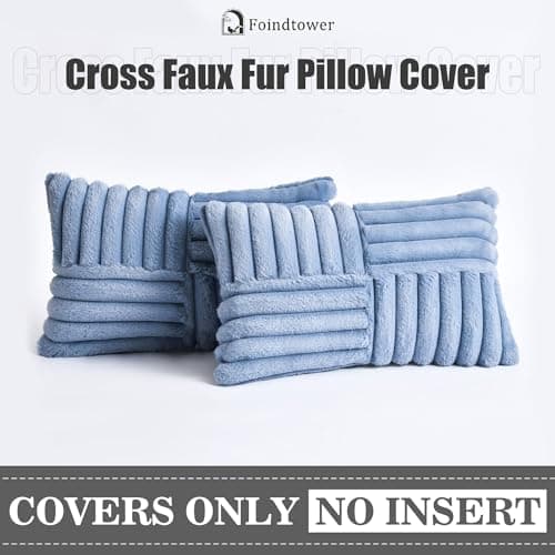 Faux Fur Plush Decorative Throw Pillow Covers 18x18 Inch, Blue, Pack of 2