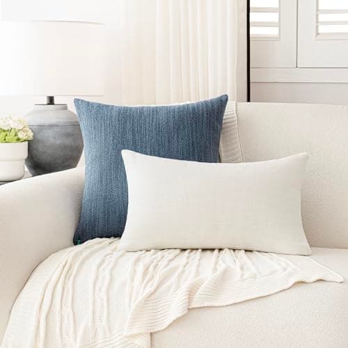 Set of 2 Navy Blue Textured Burlap Throw Pillow Covers for Farmhouse Boho Decor, 18×18 Inch