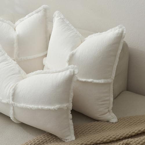 Hckot Boho Farmhouse Throw Pillow Covers, Fringed Tassels, Cozy White Home Decor
