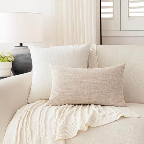 Textured Burlap Linen Throw Pillow Covers for Farmhouse Decor - Set of 2, Cream White, 24x24 Inch