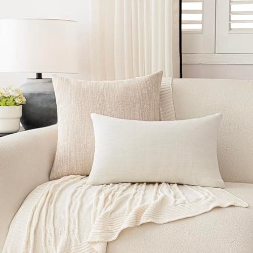 2-Pack Farmhouse Burlap Linen Throw Pillow Covers, 18x18 Inch, Light Beige