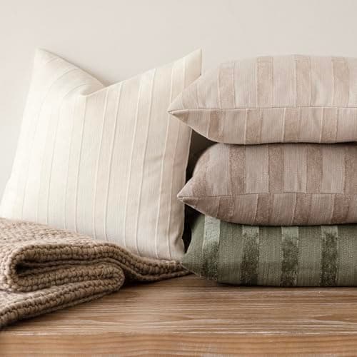 Foindtower Striped Chenille Throw Pillow Covers, Cream White, 20x20 Inch